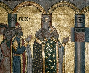 Byzantská architektura: objevte urnu svatého Marka. Detail mozaiky na zlatém pozadí. Basilica di San Marco (Bazilika sv. Marka), Benátky od Byzantine Byzantine
