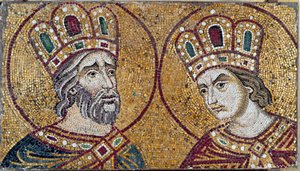 Římský císař Konstantin I. se svatou Helenou, jeho matkou (detail mozaiky)