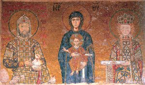 Panna s dítětem mezi císařem Janem II. Komnénem a jeho manželkou Irenou, c1118. od Byzantine Master.