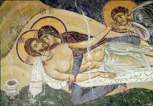 Byzantské umění: „Nářek nad smrtí Krista““ Malířova freska z 12. století. Detail. Nerezi, San Pantaleimone, Makedoine od Byzantine School