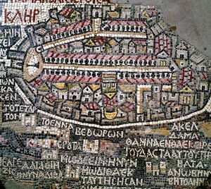 Byzantské umění: nejstarší mapa Palestiny. Detail představující Jeruzalém. Mozaika 6. století. Madaba, kostel sv. Jiří od Byzantine School