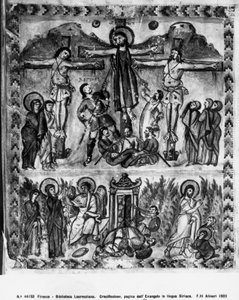 Ukřižování a vzkříšení, z evangelií Rabula, 586 našeho letopočtu od Byzantine School