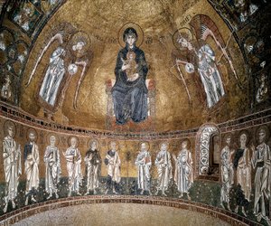 Trůnící Panna s archanděly a apoštoly (mozaika) od Byzantine School