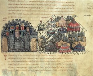 MMS Vitr. 26-7 Byzantines Obležení Messiny, z Madrid Skylitzes (vellum) od Byzantine School