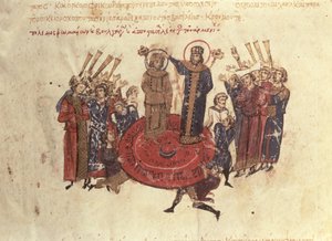 MMS Vitr. 26-7 Císař Michael I. Rangabes korunován Nicephorem v roce 811, z madridských Skylitzes od Byzantine School