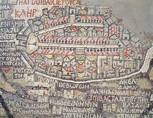 Město Jeruzalém a okolí, detail z mapy mozaiky Madaba, byzantský, 6. století (mozaika)