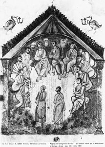 Apoštolové se shromáždili, aby nahradil Jidáše Matyášem, folio z evangelií Rabula, 586 n. l. (tempera na pergamenu) od Byzantine School
