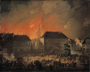 Nejstrašnější noc. Pohled na Kongens Nytorv v Kodani během anglického bombardování Kodaně v noci mezi 4. a 5. zářím 1807