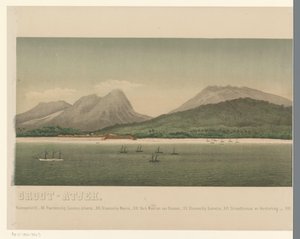 Pohled na pobřeží Velkého Acehu s flotilou první expedice Aceh u pobřeží, část třetí The Greater Aceh Road (název na objektu) od C.A. Whitten