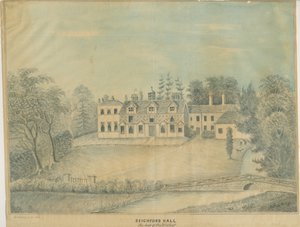 Seighford Hall: barevná lavírovaná kresba a [polovina 19. století] od C.B Ash