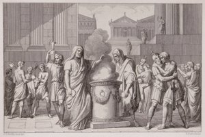 Setkání Camilla a Manlia po ústupu Galů, vyryto B.Barloccini, 1849