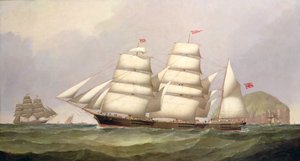 Barque "Undaunted" u Ailsa Craig, s obchodními loděmi za ní od C.H. Fyfe