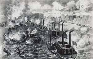 Flotila admirála Davida Dixona Portera provozující rebelskou blokádu na Mississippi u Vicksburgu, 16. dubna od J.B. and Brown J. Rowbotham