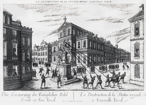 Američtí separatisté strhávají pomník anglického krále Jiřího v New Yorku od J.B. and Brown J. Rowbotham