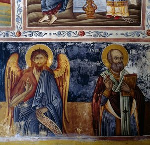 Archanděl a světec, klenba freskami v klášteře Mikro Sotiris, ostrov Symi, Řecko (foto) od J.B. and Brown J. Rowbotham