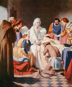 Kolumbus na smrtelné posteli, držící řetězy, ve kterých se vrátil ze své třetí cesty (barva litho) od J.B. and Brown J. Rowbotham