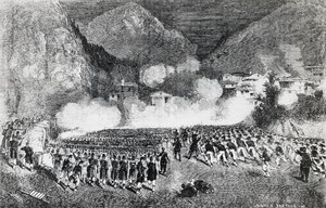 Divize generála Giacoma Mediciho útočí na Levico Terme, Trentino-Alto Adige, červenec 1866, třetí válka za nezávislost, rytina, Itálie od J.B. and Brown J. Rowbotham