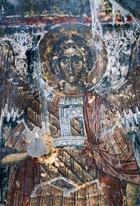 Kůň, poškozená freska na stropě kostela Agios Vasileios, Vavouledo, Kréta, Řecko (foto) od J.B. and Brown J. Rowbotham