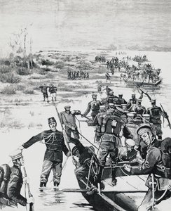 Japonské jednotky pod velením Yamagata Aritomo překračují řeku Yalu od J.B. and Brown J. Rowbotham