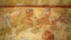 Hudebníci, freska, detail, Tomb of the Blue Demons, Necropolis of Tarquinia (Seznam světového dědictví UNESCO, 2004), Lazio, Itálie. Etruská civilizace, 5. století před naším letopočtem (foto) od J.B. and Brown J. Rowbotham