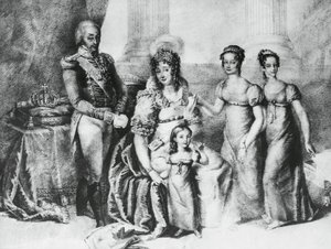 Portrét Viktora Emanuela I., krále Sardinie a vévody Savojského, Piemontu a Aosty, s manželkou Marií Terezií Rakousko-Este a jeho dcerami, Marií Terezií Savojskou (1803-1879), Marií Annou Savojskou a Marií Cristinou Savojskou , rytina od J.B. and Brown J. Rowbotham
