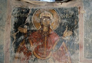 Svatý, zdi s freskami v kostele Agios Georgios, Komitades, Kréta, Řecko (foto) od J.B. and Brown J. Rowbotham