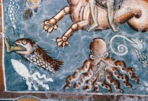 Mořská stvoření, detail z fresky v kostele Agios Georgios, Mourne, Kréta, Řecko (foto) od J.B. and Brown J. Rowbotham