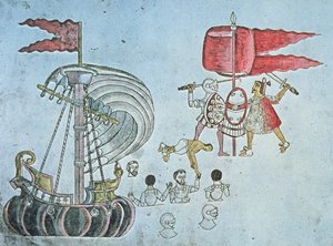 Španělští vojáci Hernana Cortese se v roce 1519 brodí na břeh, aby bojovali s Aztéky, okopírované z Codexu Azcatitlan, kolem roku 1550 (barevné litho) od J.B. and Brown J. Rowbotham