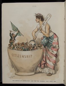 Malta asimilace – a jeden prvek, který se nemíchá, ilustrace z časopisu Puck, 26. června 1889 od C.J. Taylor