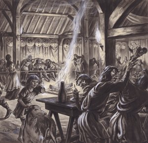 Hostina v anglosaském thegns hall (kvaš na papíře) od C.L. Doughty