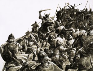 Útok dánských Vikingů na britská vojska pod vedením krále Alfréda od C.L. Doughty