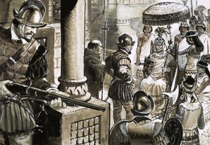 Francisco Pizarro, nelítostný dobyvatel říše Inků, se setkává s králem Atahualpou. od C.L. Doughty