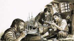 Francouzští váleční zajatci z napoleonských válek vyrábějící modely lodí od C.L. Doughty