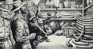 Ilustrace k filmu Doly krále Šalamouna (kvaš na papíře) od C.L. Doughty