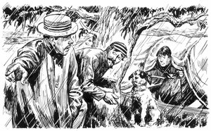 Ilustrace ke knize Tři muži ve člunu, Jerome K. Jerome (pero a tuš) od C.L. Doughty