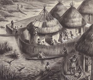 Obyvatelé jezera v Glastonbury (kvaš na papíře) od C.L. Doughty