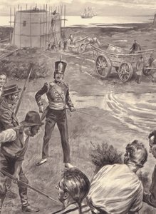 Stavba věží Martello v očekávání Napoleonovy invaze do Anglie (kvaš na papíře) od C.L. Doughty