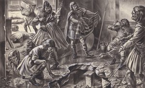 Sasové rabující starou římskou vilu (kvaš na papíře) od C.L. Doughty