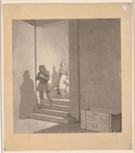 Muž na cestě dolů po schodech, v pozadí žena a dítě od Christoffer Wilhelm Eckersberg