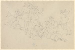 Mojžíš způsobuje, že Rudé moře ustupuje a faraonova armáda se zaplavuje - studie pro Izraelity po procházce Rudým mořem od Christoffer Wilhelm Eckersberg