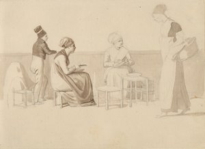 Scéna z farmy nebo přístaviště v Paříži. Čtyři sedící, stojící a kráčející postavy. od Christoffer Wilhelm Eckersberg