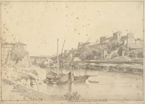 Pohled na Tiberu v Porto di Ripa Grande mimo Porta Portese směrem na Marmorata a kostely Monte Aventino, Řím od Christoffer Wilhelm Eckersberg