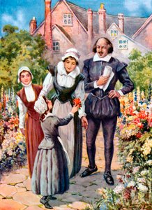 Shakespeare v zahradě na New Place ve Stratfordu nad Avonou (barevná litografie) od C. Dudley (after) Tennant