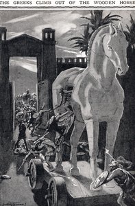 Řekové vylézají z dřevěného koně, ilustrace z 