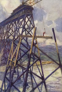 Nastavení oceli bitevního říčního viaduktu Grand Trunk Pacific Railway, Kanada (barva litho) od C. Dudley Tennant