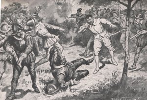 Admirál, následovaný svou družinou, běžel střemhlav ke stráži Vera Cruz, ilustrace z 