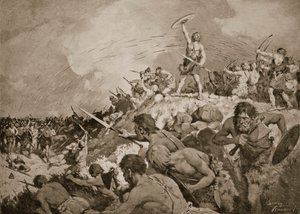 Bitva u Mons Badonicus, cca 500 n. l., ilustrace z „Dějiny národa“ (litho)