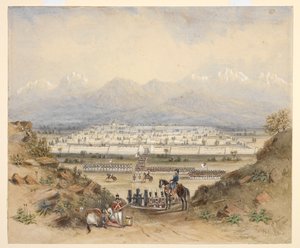 Obecná prověřující kavalérie a pěchoty, kteří se chystají vstoupit do opevněného města v hornaté krajině, možná Kandahar (N.W.F.P.). 1843, po dřívější skice. od C. Graham