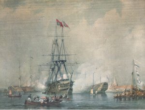 HMS Victory střílející královský pozdrav v přístavu Portsmouth, z British Adventure vydané Collinsem, 1947 od C. J. M. Whichello