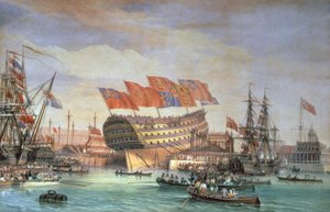 Vypuštění HMS „Trafalgar“ v Chathamu, červenec 1820